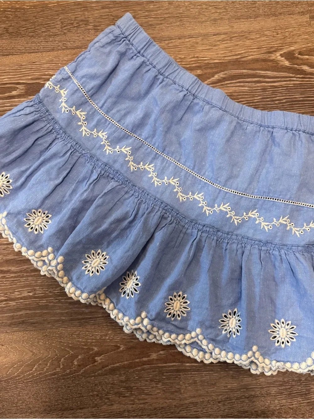 LoveShackFancy Light Blue Embroidered Ruffle Mini Skirt